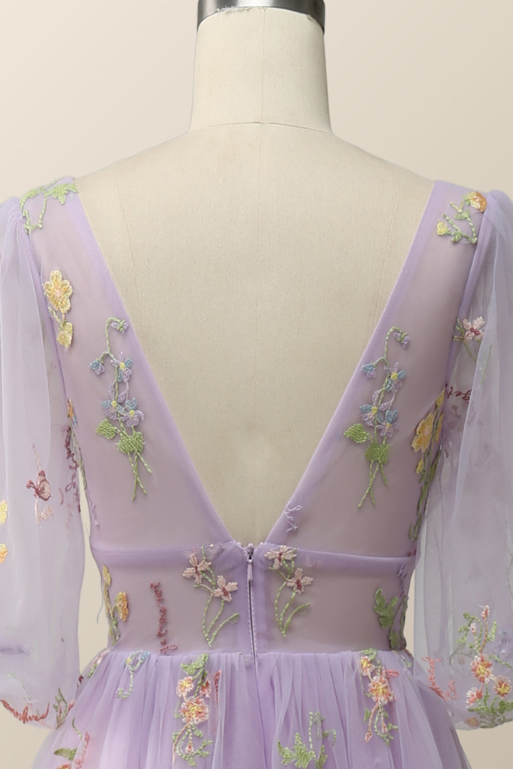 Puffy Sleeves Lavender Tulle Floral Embroidery Formal Dress
