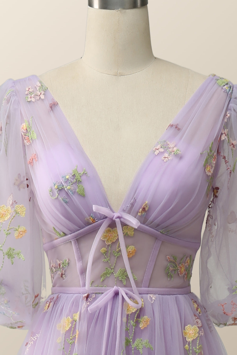 Puffy Sleeves Lavender Tulle Floral Embroidery Formal Dress