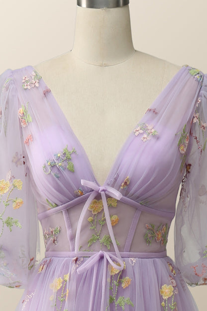 Puffy Sleeves Lavender Tulle Floral Embroidery Formal Dress