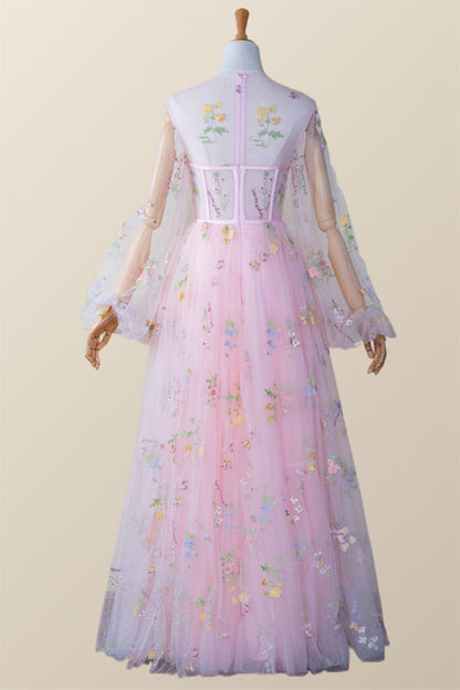 Scoop Pink Floral Tulle Ankle Length Dress