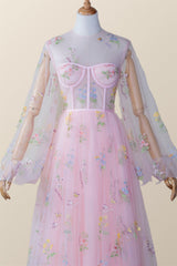 Scoop Pink Floral Tulle Ankle Length Dress