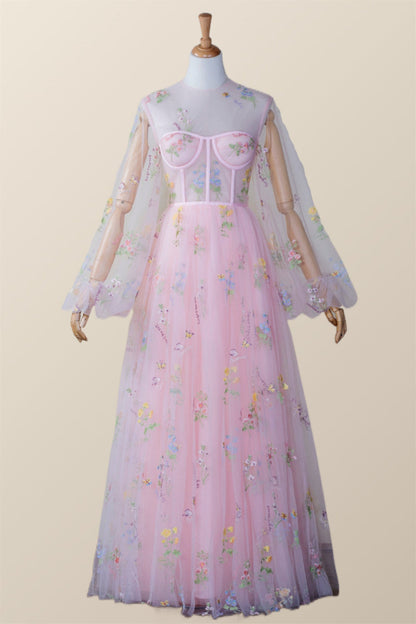 Scoop Pink Floral Tulle Ankle Length Dress