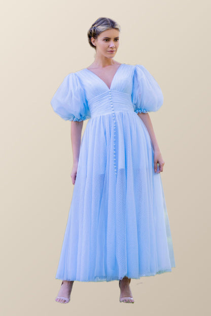 Puffy Sleeves Blue Empire Tea Length Dress
