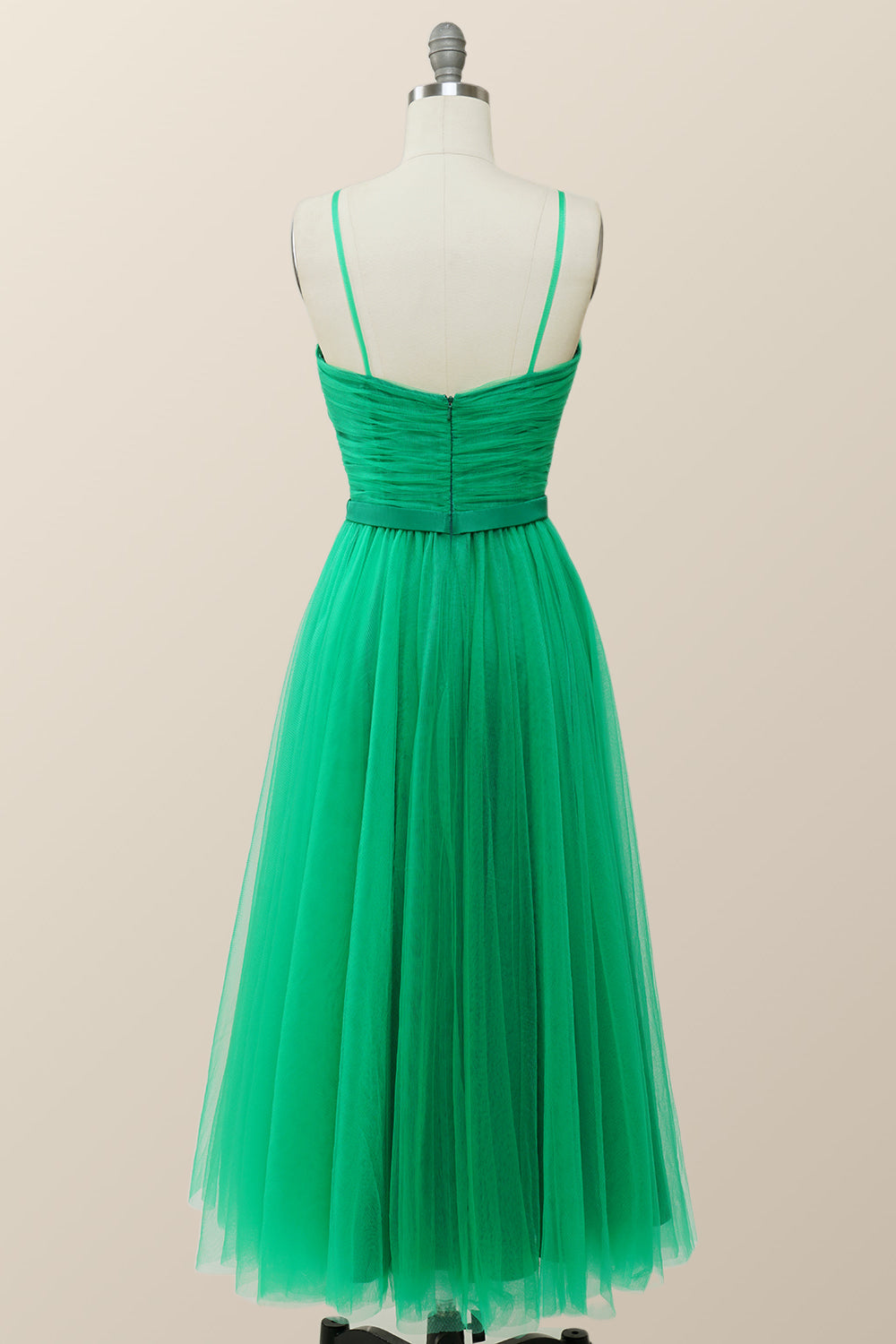 Spaghetti Straps Green Tulle Midi Dress