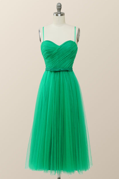 Spaghetti Straps Green Tulle Midi Dress