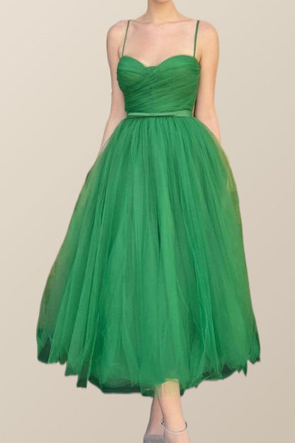 Spaghetti Straps Green Tulle Midi Dress