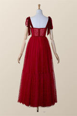 Red Dotted Tulle Corset Ankle Length Dress
