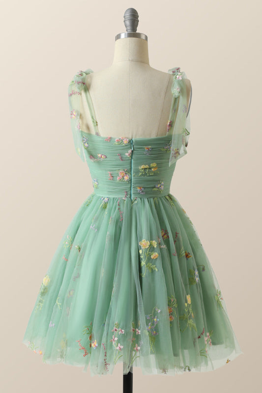 Green A-line Floral Embroidered Short Party Dress
