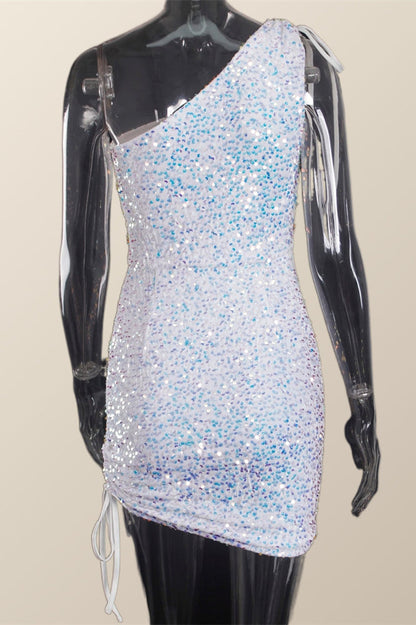 Ruched One Shoulder and Hem Pink Sequin Mini Dress