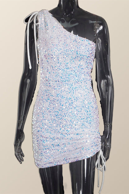 Ruched One Shoulder and Hem Pink Sequin Mini Dress