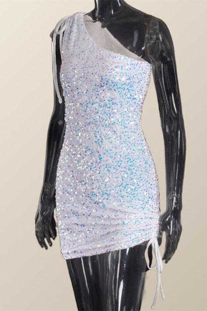 Ruched One Shoulder and Hem Pink Sequin Mini Dress