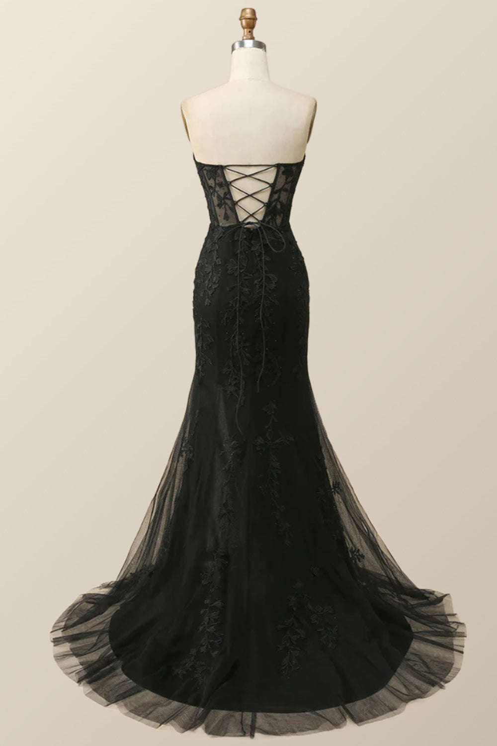 Strapless Black Lace Mermaid Long Prom Dress