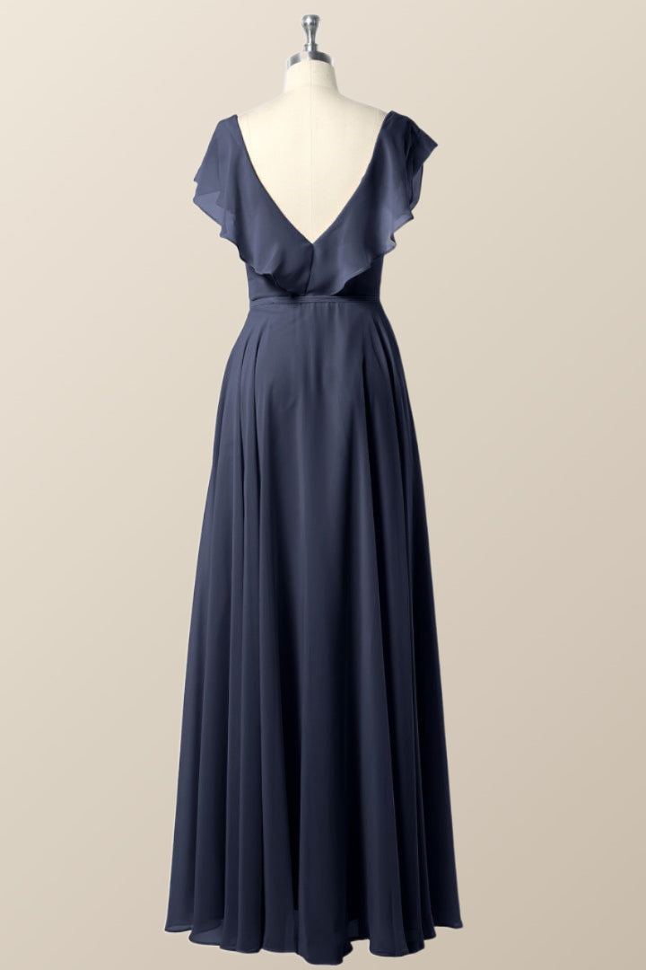 Ruffles V Neck Sage Green Chiffon Long Bridesmaid Dress