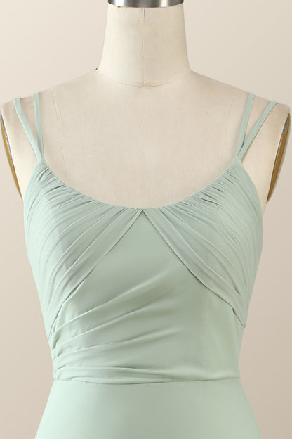 Scoop Mint Green Chiffon Pleated Long Bridesmaid Dress