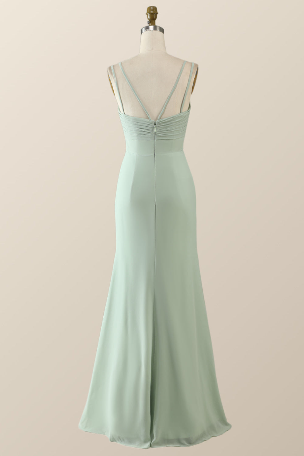Scoop Mint Green Chiffon Pleated Long Bridesmaid Dress