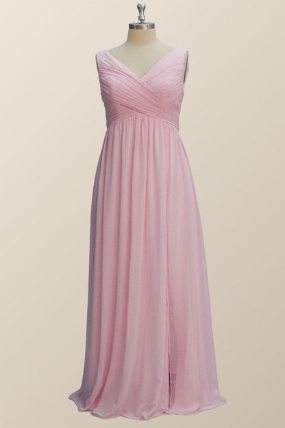 Princess Pink Pleated V Neck Long Bridesmaid Dress