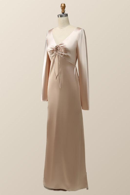 Champagne Long Sleeves Keyhole Bridesmaid Dress