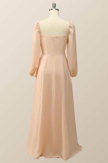 Square Neck Champagne Chiffon Long Bridesmaid Dress