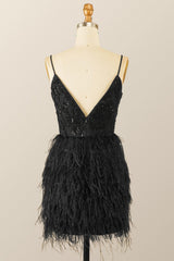 Straps Black Beaded Feather Mini Dress