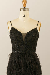 Straps Black Beaded Feather Mini Dress