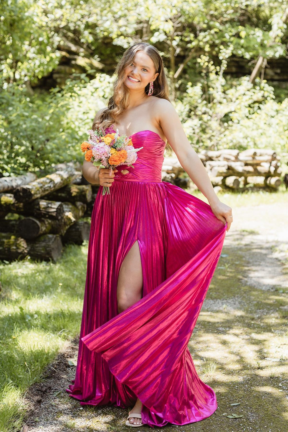 Strapless Blue Pleated Metallic Long Dress