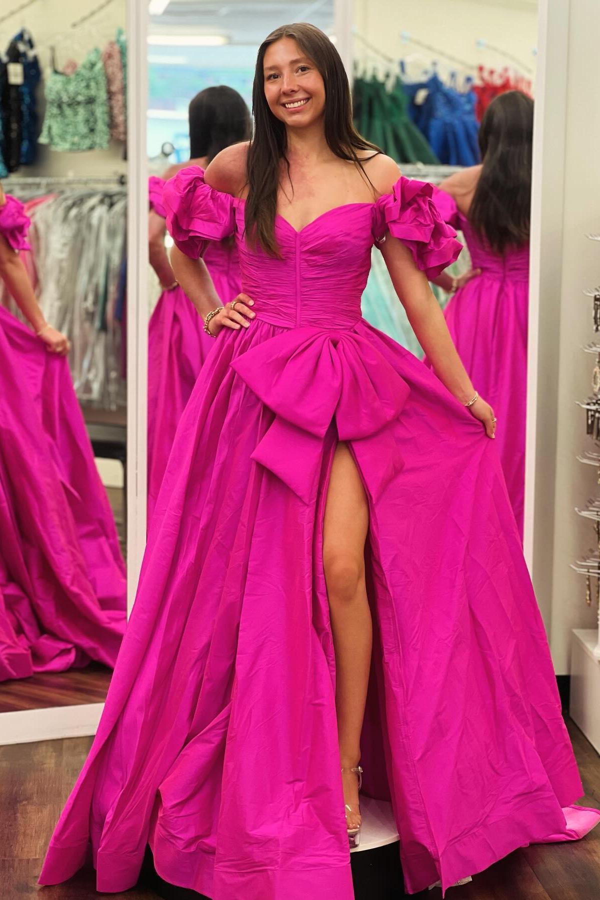 Ruffle Sleeves Orange Bow Long Dress with Slit
