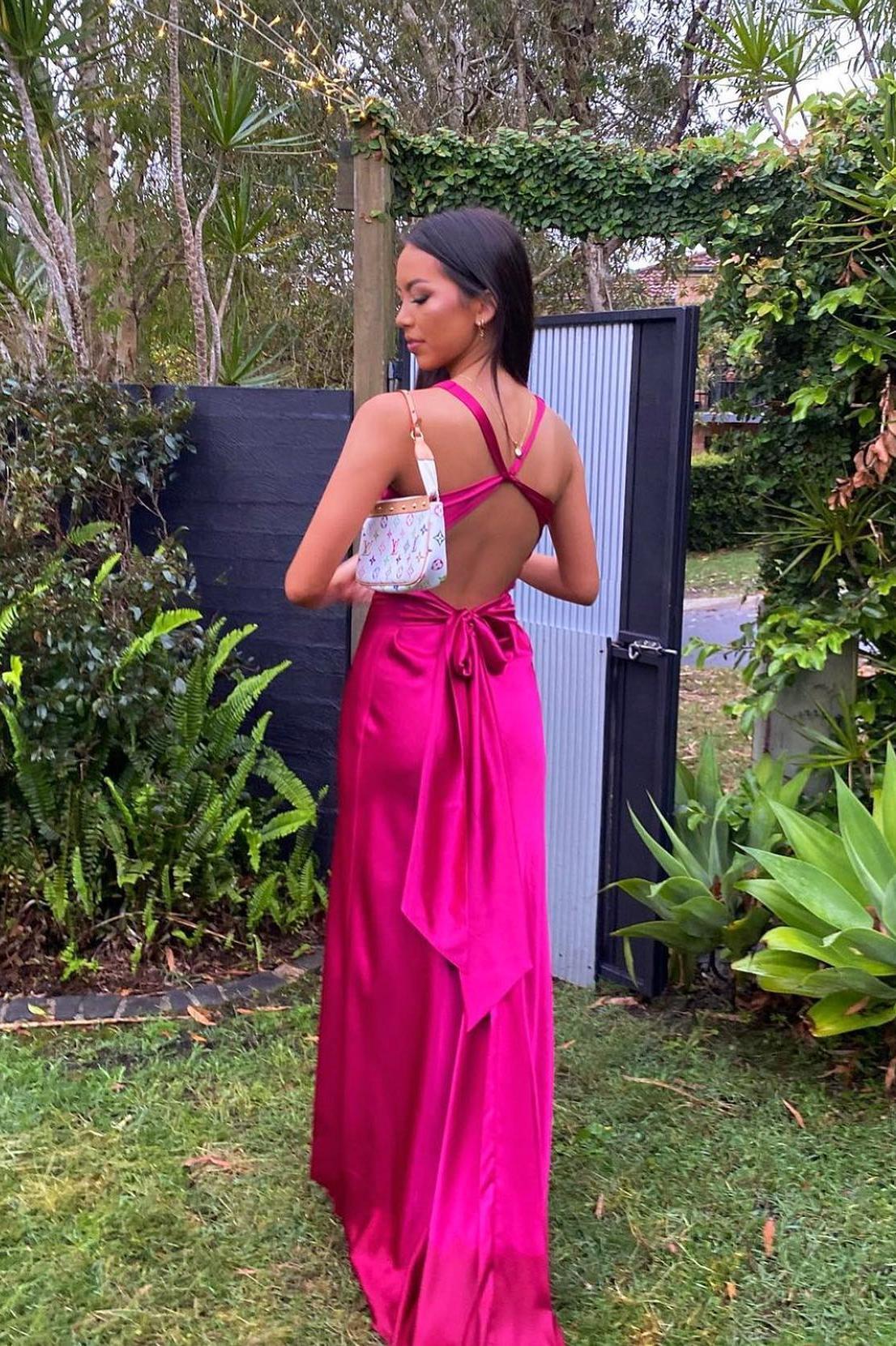 Twist V-neck Blue Open Back Sheath Long Dress