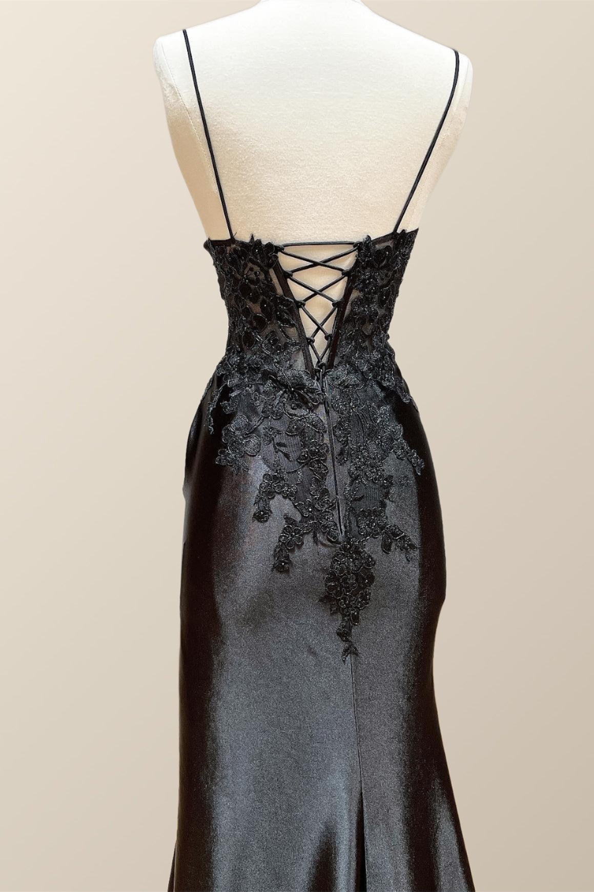 Straps Black Appliques Long Formal Dress with Slit