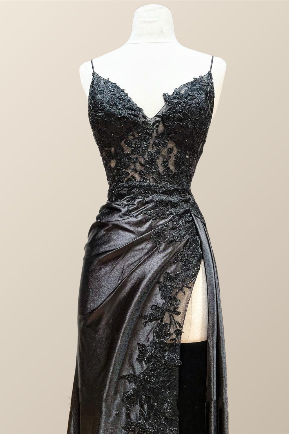 Straps Black Appliques Long Formal Dress with Slit