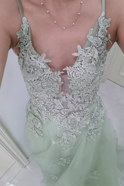 Sage Green Lace Appliques A-line Long Formal Dress