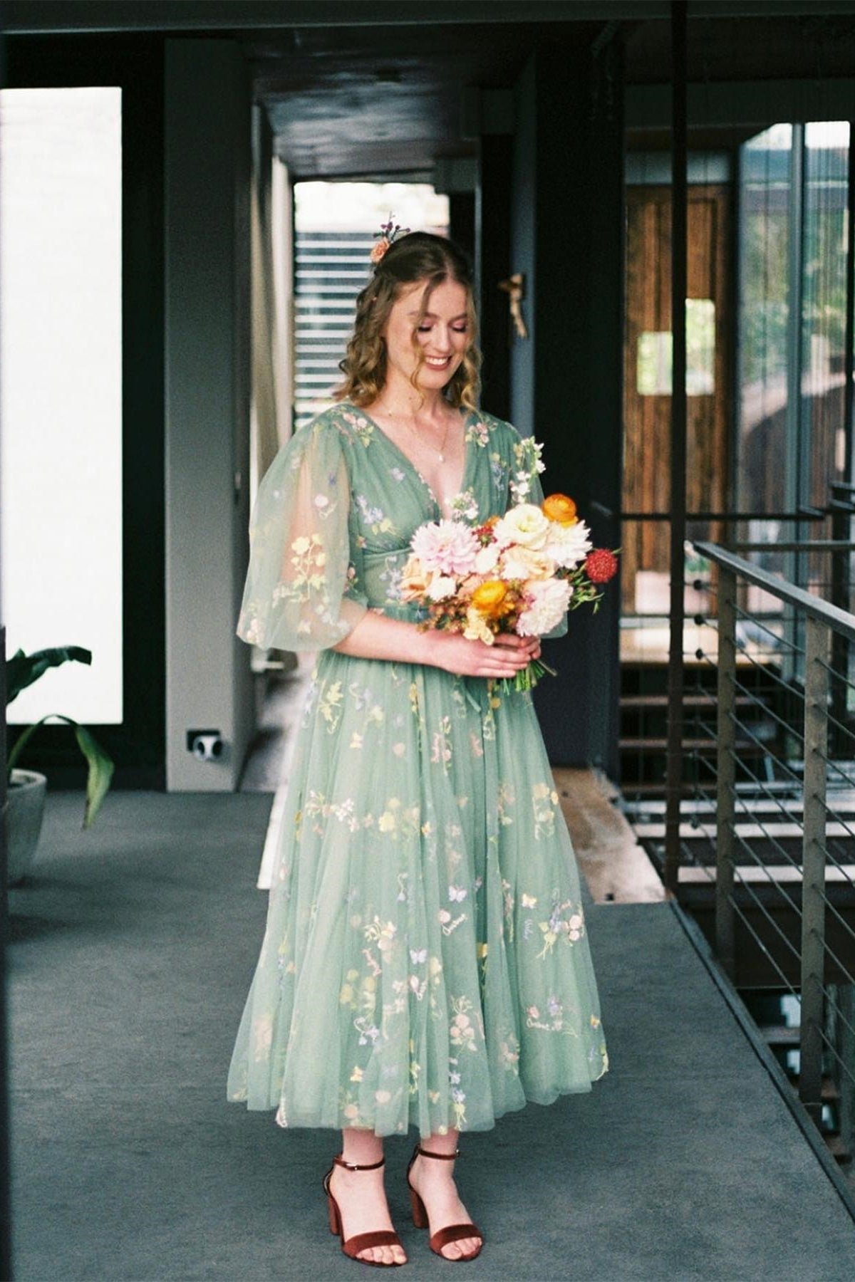 Puffy Sleeves Lavender Tulle Floral Embroidery Formal Dress