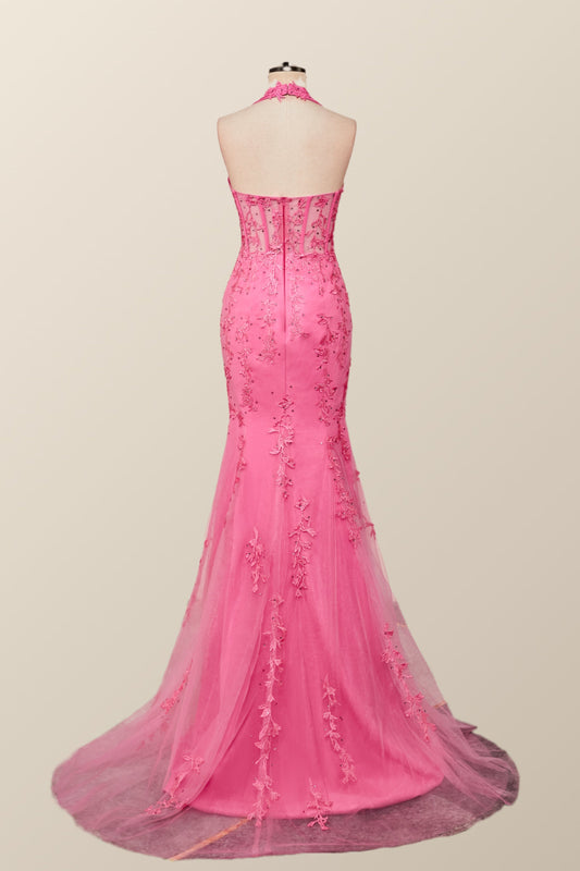 Halter Hot Pink Lace Mermaid Prom Dress