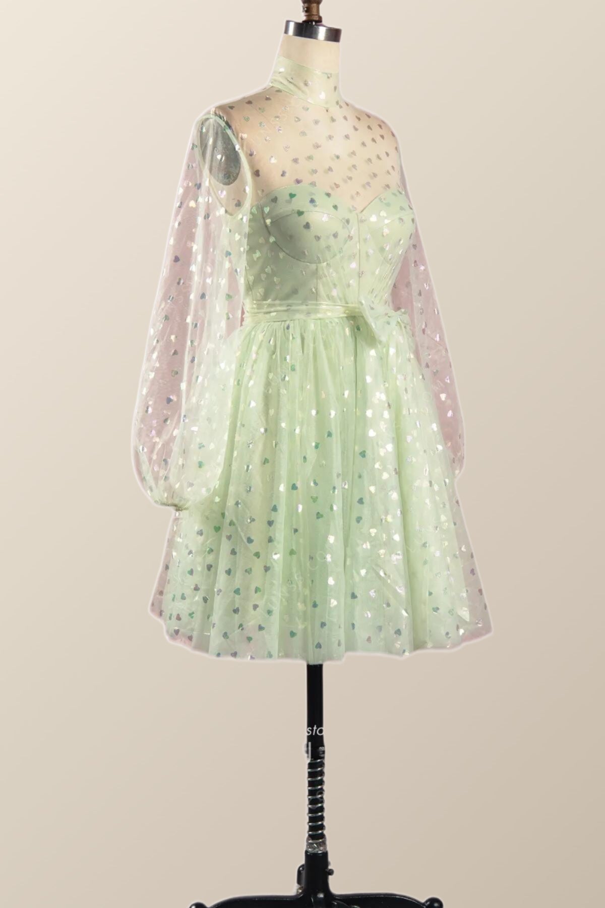 Puffy Long Sleeves Sage Green A-line Homecoming Dress