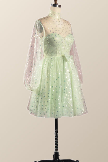 Puffy Long Sleeves Sage Green A-line Homecoming Dress