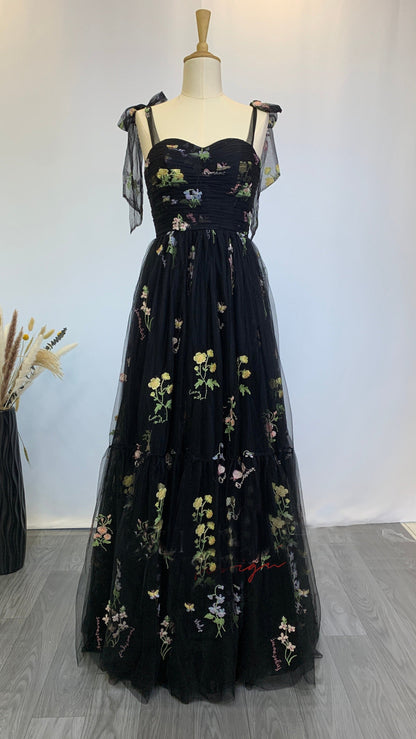 Tie Straps Blue Floral A-line Long Formal Dress