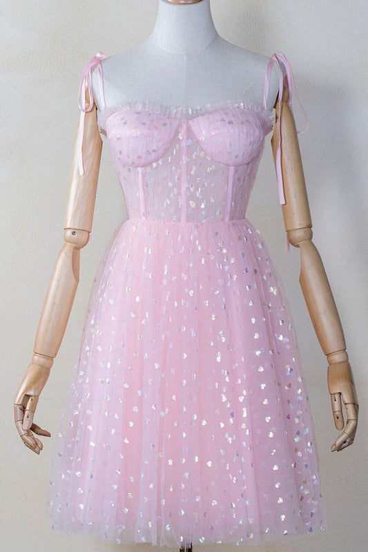 Pink Coset Short Dress with Puffy Sleeves