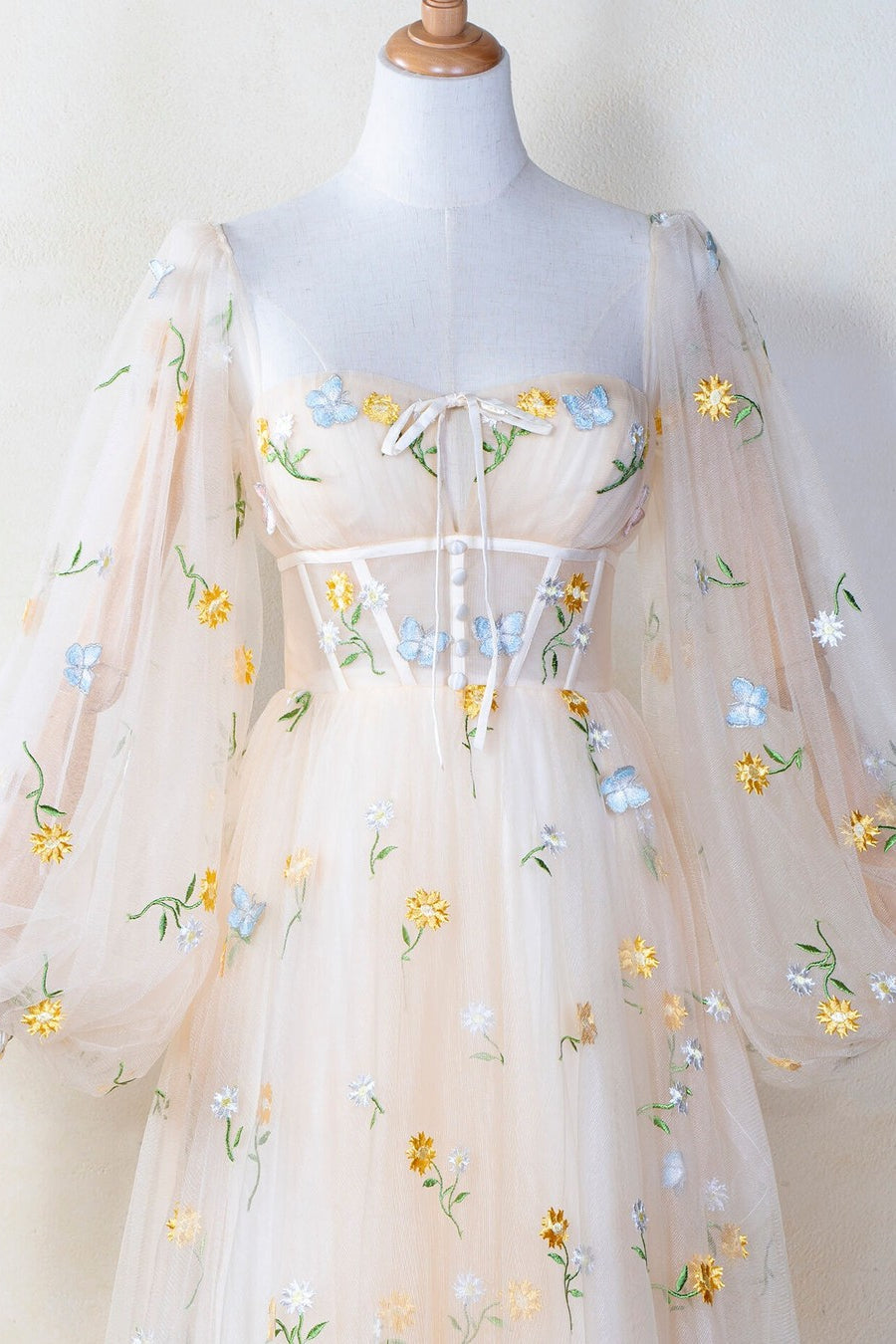 Puffy Long Sleeves Yellow Floral Cottage Dress