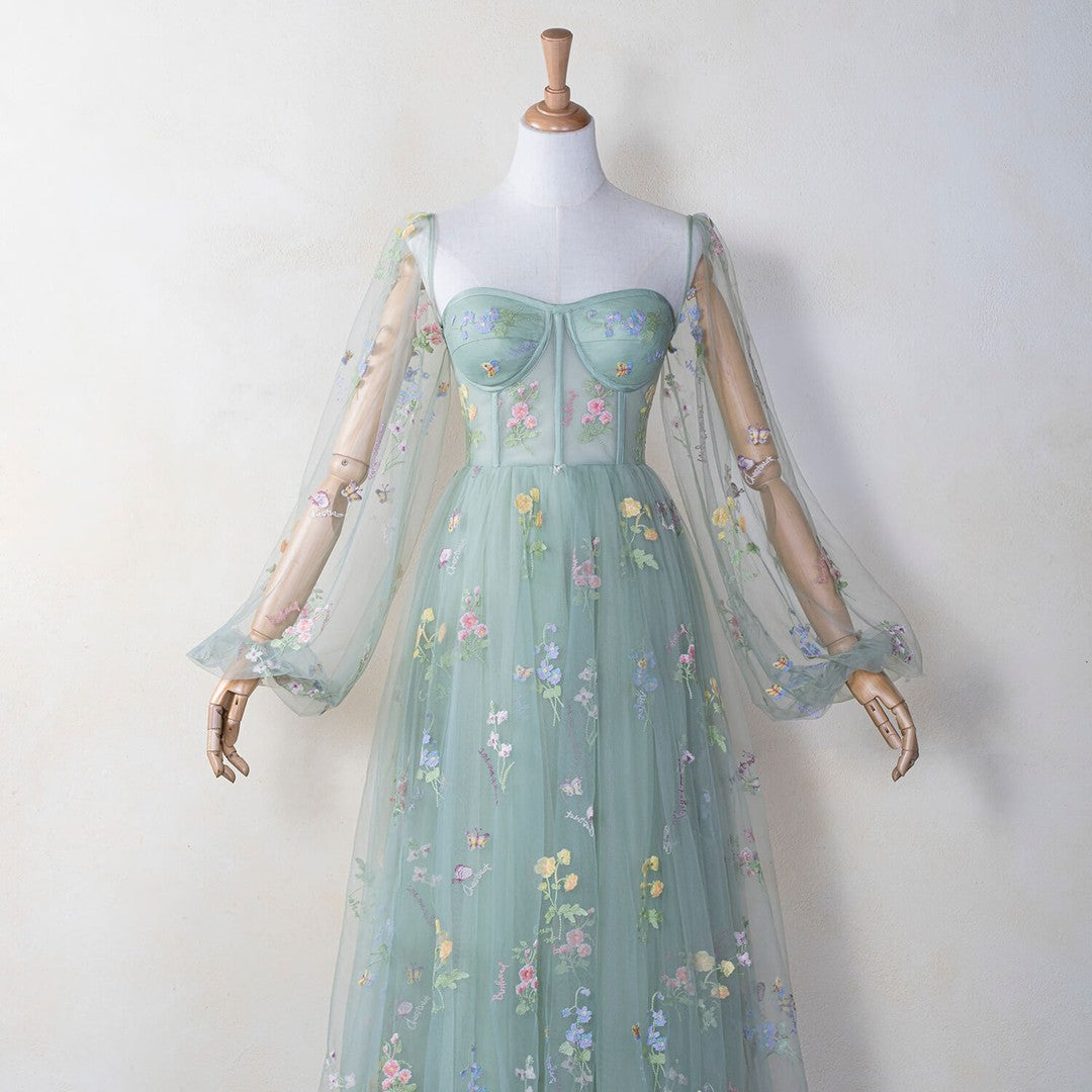 Soft Green Floral Embroidery Formal Dress