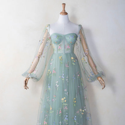 Soft Green Floral Embroidery Formal Dress