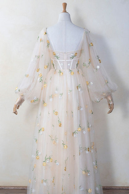 Puffy Long Sleeves Yellow Floral Cottage Dress