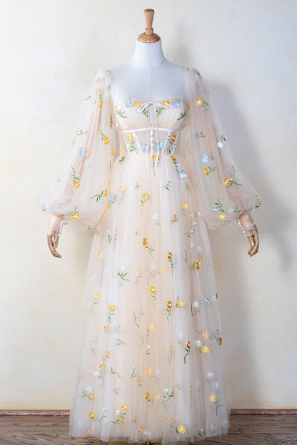 Puffy Long Sleeves Yellow Floral Cottage Dress