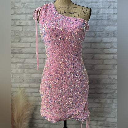 Ruched One Shoulder and Hem Pink Sequin Mini Dress