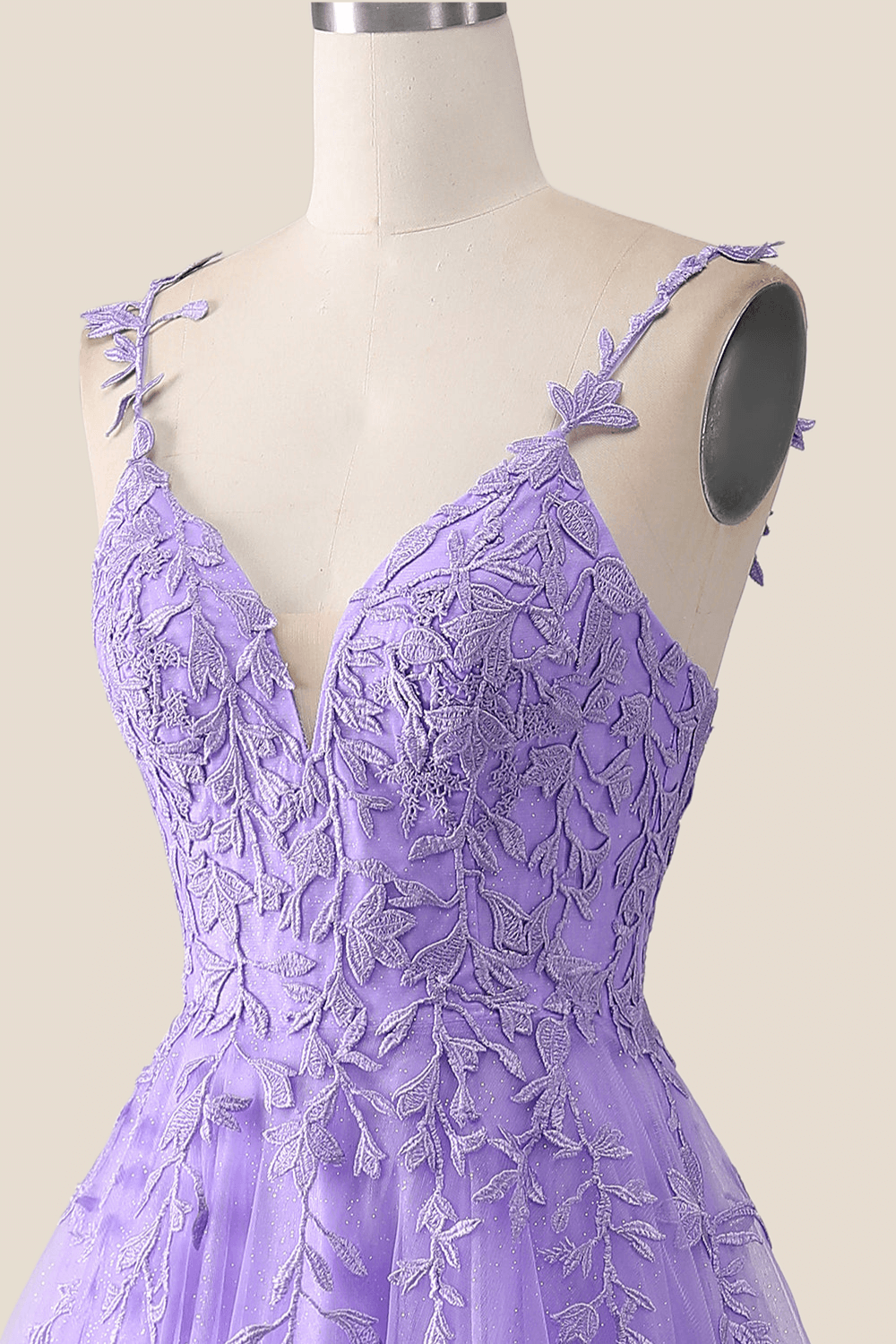 V Neck Lavender Lace A-line Long Prom Dress