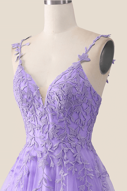V Neck Lavender Lace A-line Long Prom Dress