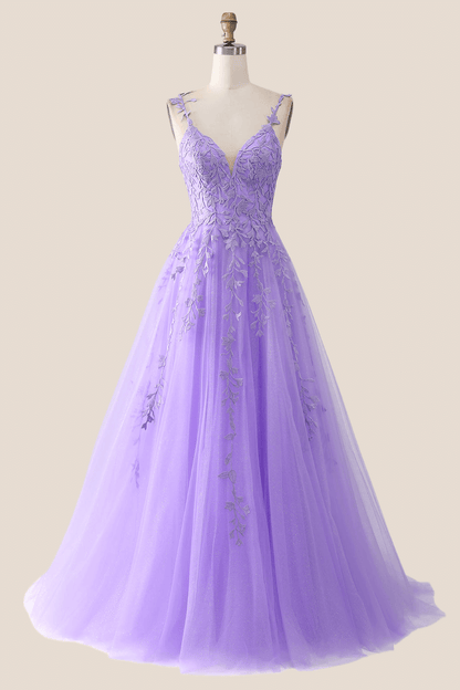 V Neck Lavender Lace A-line Long Prom Dress