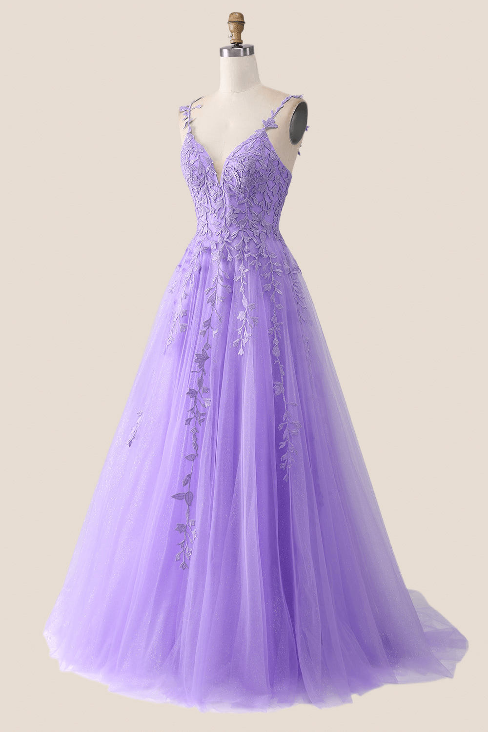 V Neck Lavender Lace A-line Long Prom Dress