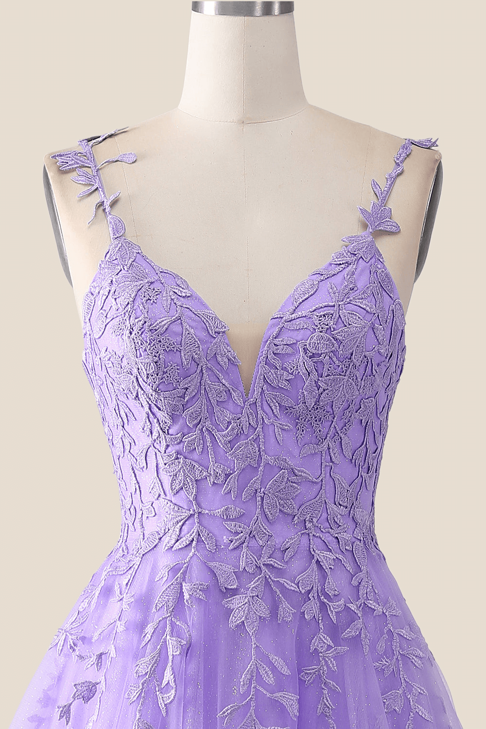 V Neck Lavender Lace A-line Long Prom Dress