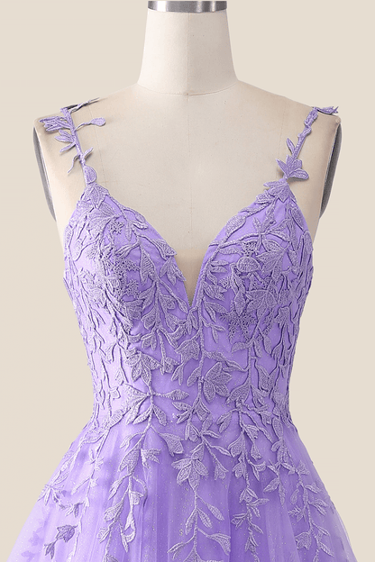 V Neck Lavender Lace A-line Long Prom Dress