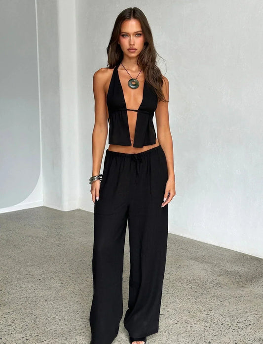 Mireza – Halter top &amp; wide leg set with open details