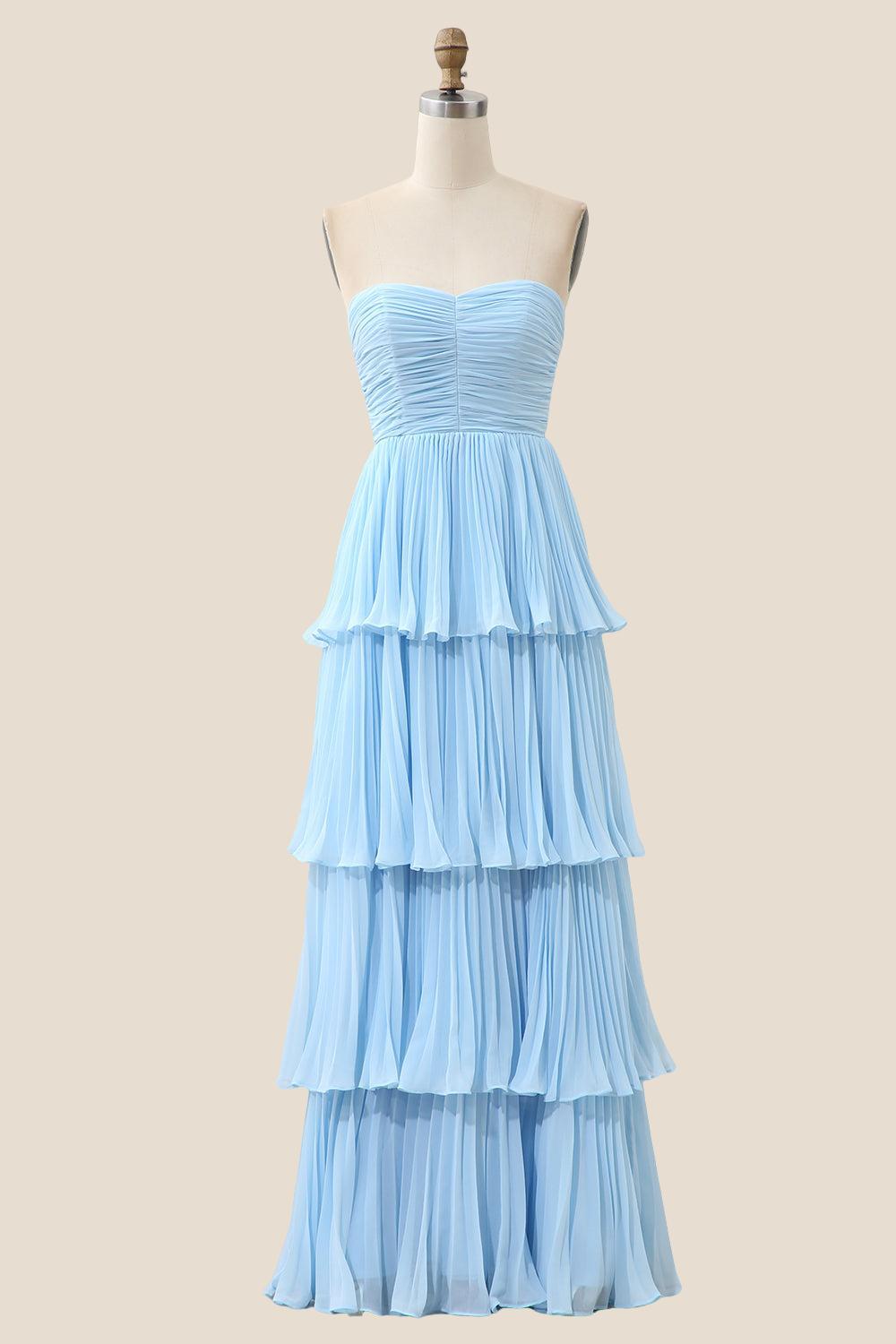 Strapless Sage Pleated Tiered Long Party Dress